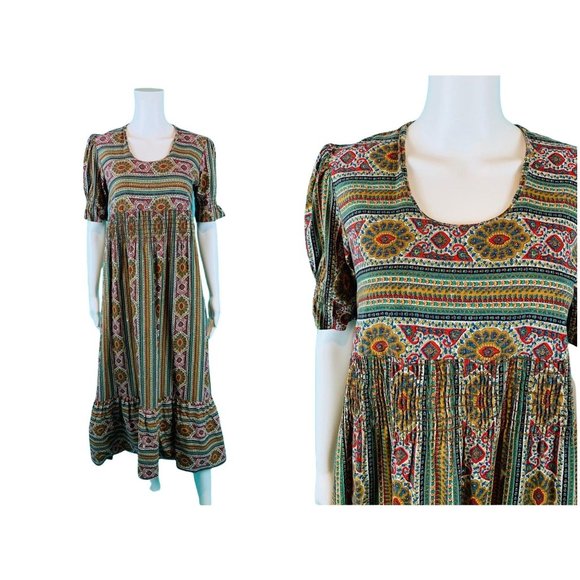 Vintage 70s Maxi Dress Women's Small Bohemian Smocked Waist Folk Tiered - Picture 1 of 10